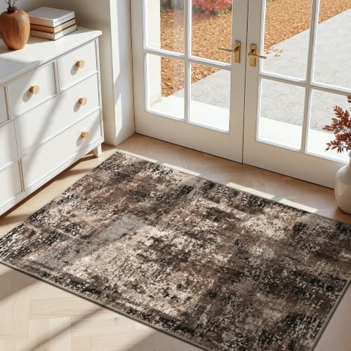 Entrance Rugs Indoor 2x4 Brown Entry Rug Washable Abstract Black Small Area Rug Non-Slip Low Pile Throw Rugs for Entryway, Kitchen Floor, Front Door Indoor Door Mat, Bathroom, Bedroom Bedside