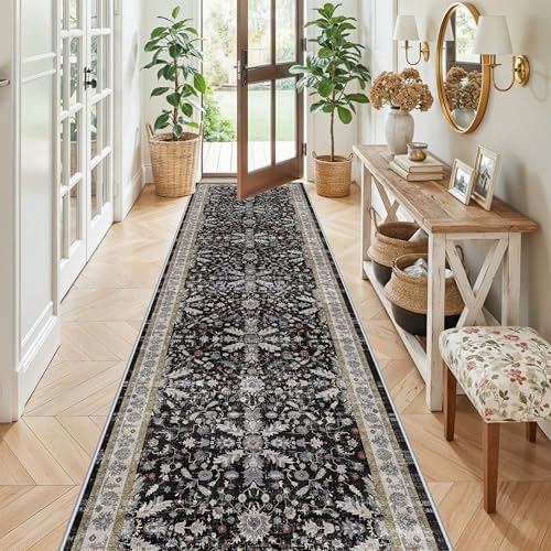 3x12 ft Long Hallway Runner Rug - Non-Slip Washable Soft Kitchen Rug with Rubber Backing,Boho Floral Low Pile Floor Carpet Runner for Entryway,Bedroom,Living Room(Black,3x12)