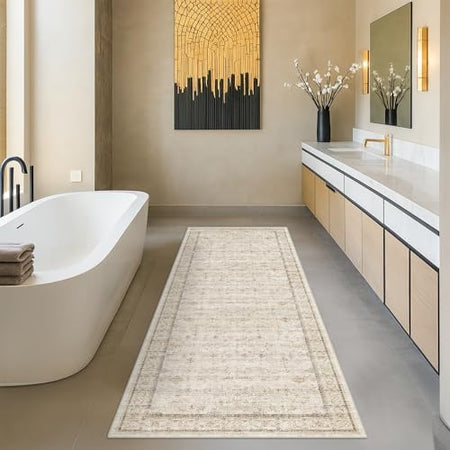Beige Boho Bathroom Rug 2x7 - Non Slip Washable Floral Runner Rug for Kitchen Floor, Hallway, Farmhouse Entryway Mat with Geometric Pattern, Vintage Low Pile Stain Resistant Carpet by HazoHaus