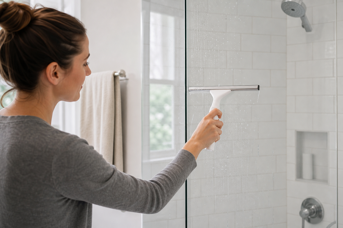 A homeowner uses a squeegee on a glass shower door after a shower