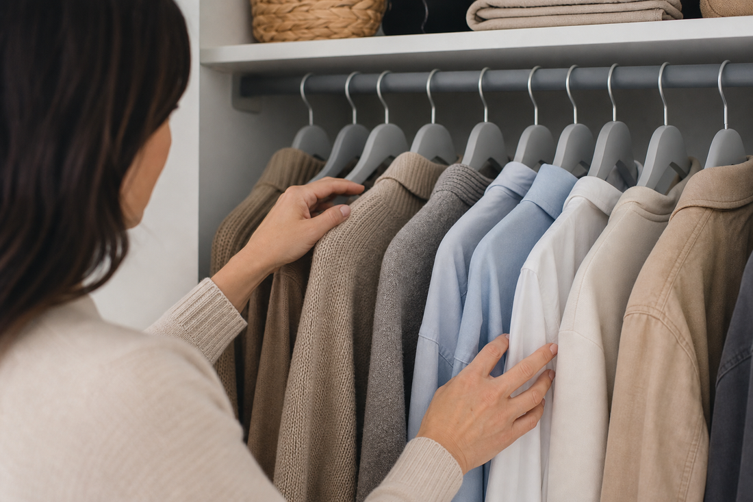 An adult arranges sweaters and shirts on rounded gray hangers in a bedroom closet