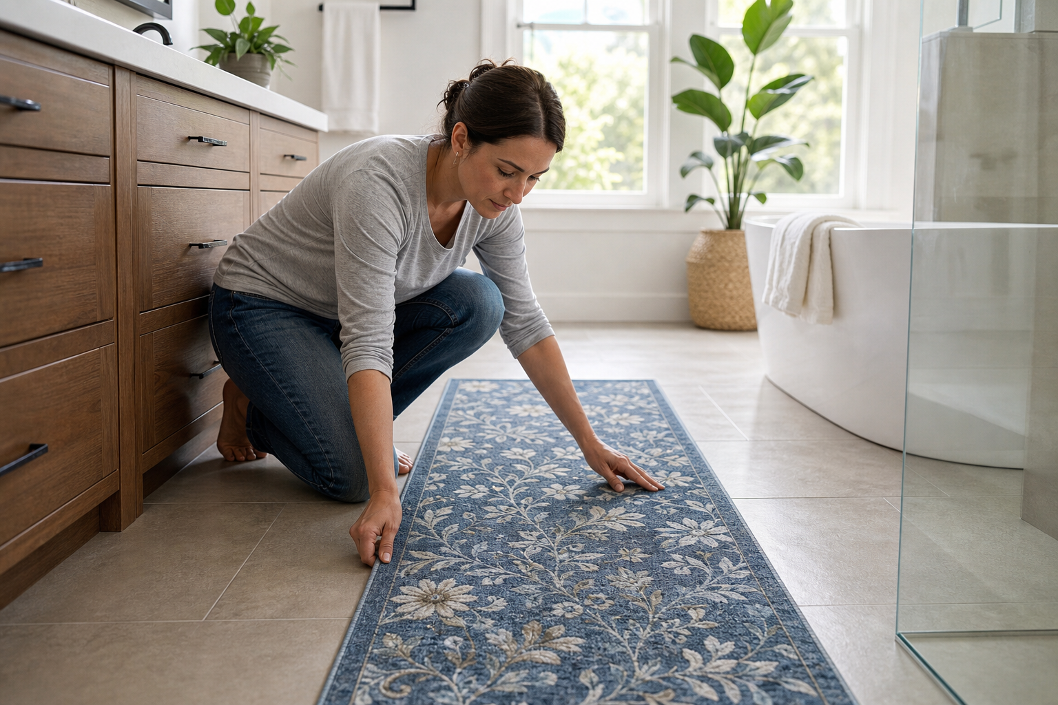 An adult straightens a blue washable runner rug on a dry bathroom floor