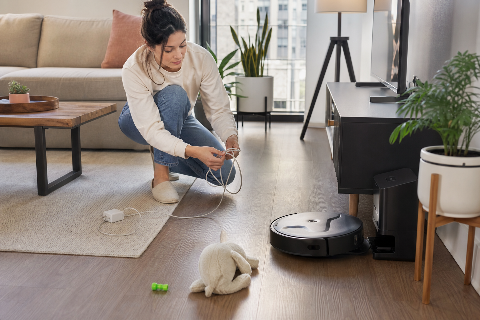 A homeowner clears cords and small objects before a robot vacuum mapping run