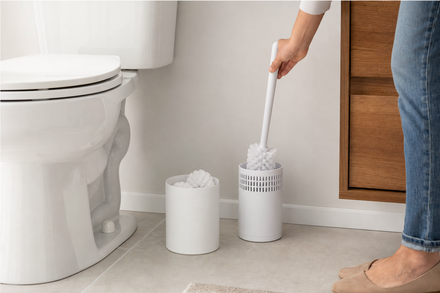 An adult places a white toilet brush into a ventilated holder in a clean bathroom