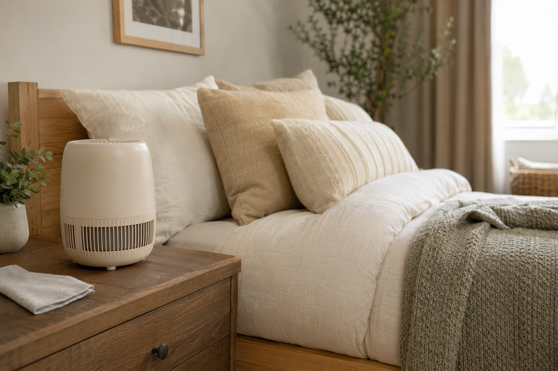 A cream bedside humidifier placed with open space beside a neatly made bed