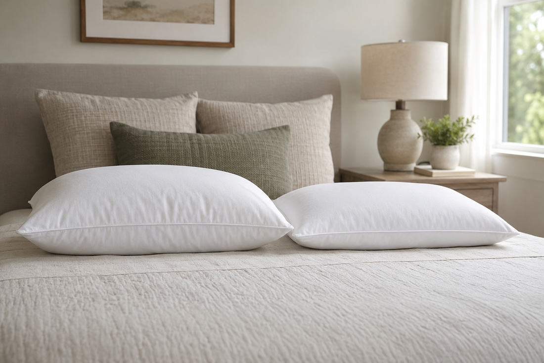 Two white pillows with different loft heights arranged on a neutral bed
