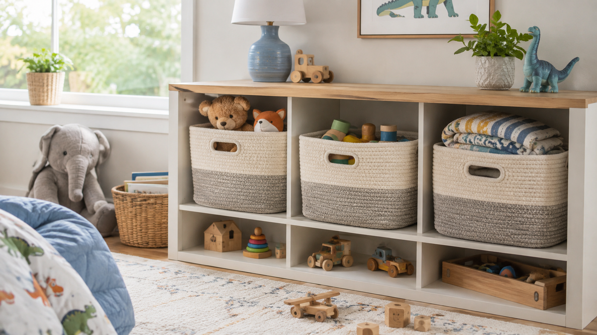 Woven cube baskets organizing toys and blankets in a bright child's room