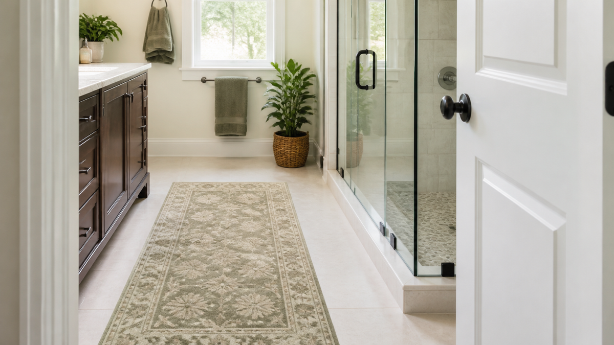 Low-pile bathroom runner positioned clear of the doorway and shower
