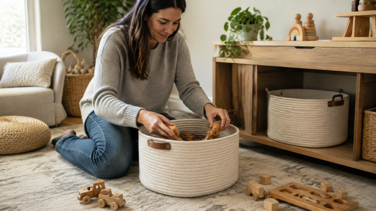 Parent placing wooden toys into an off-white woven storage basket