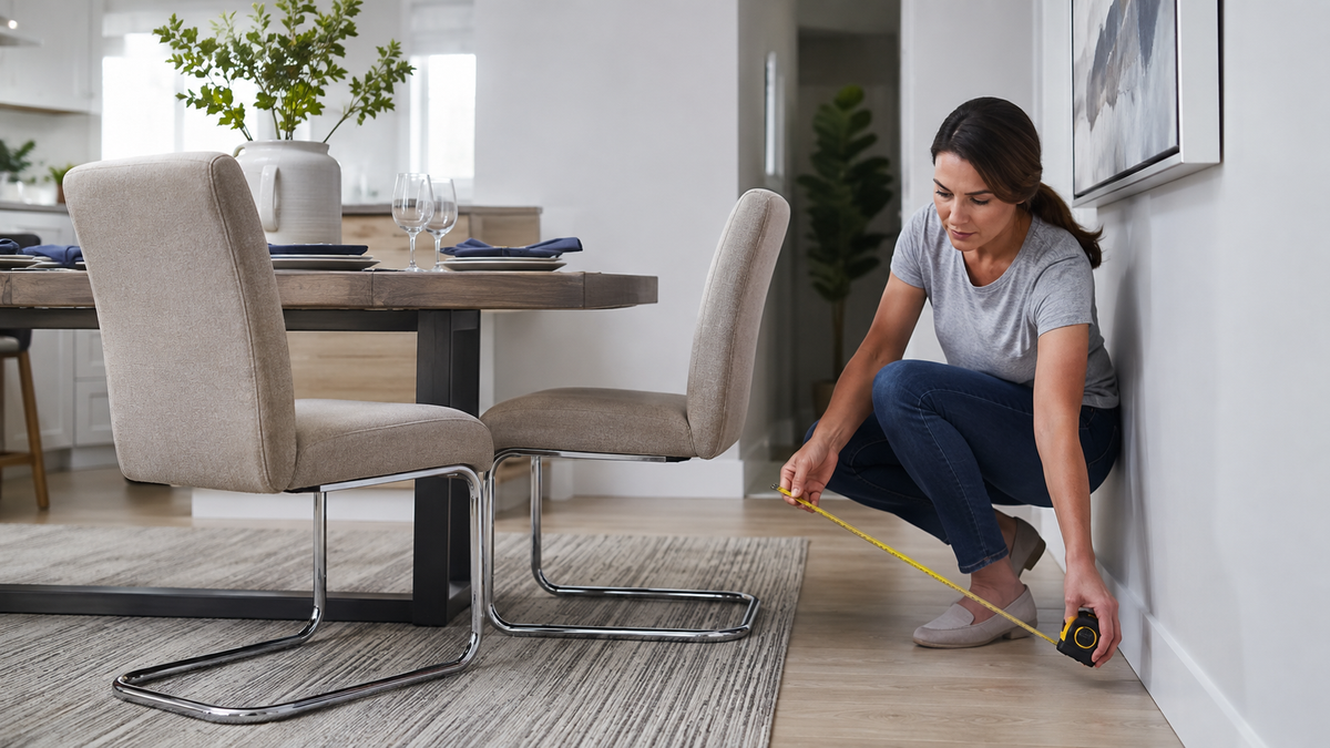 Woman measuring dining chair clearance between a table and wall