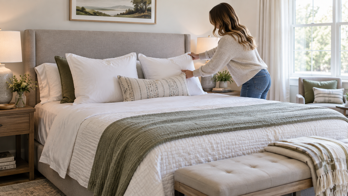 Woman refreshing white guest-room pillows on a neatly made bed