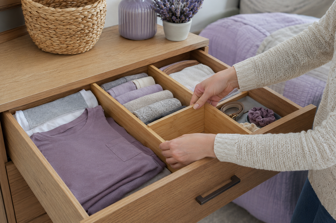 A person adjusts bamboo dividers in a dresser drawer filled with neatly folded clothing
