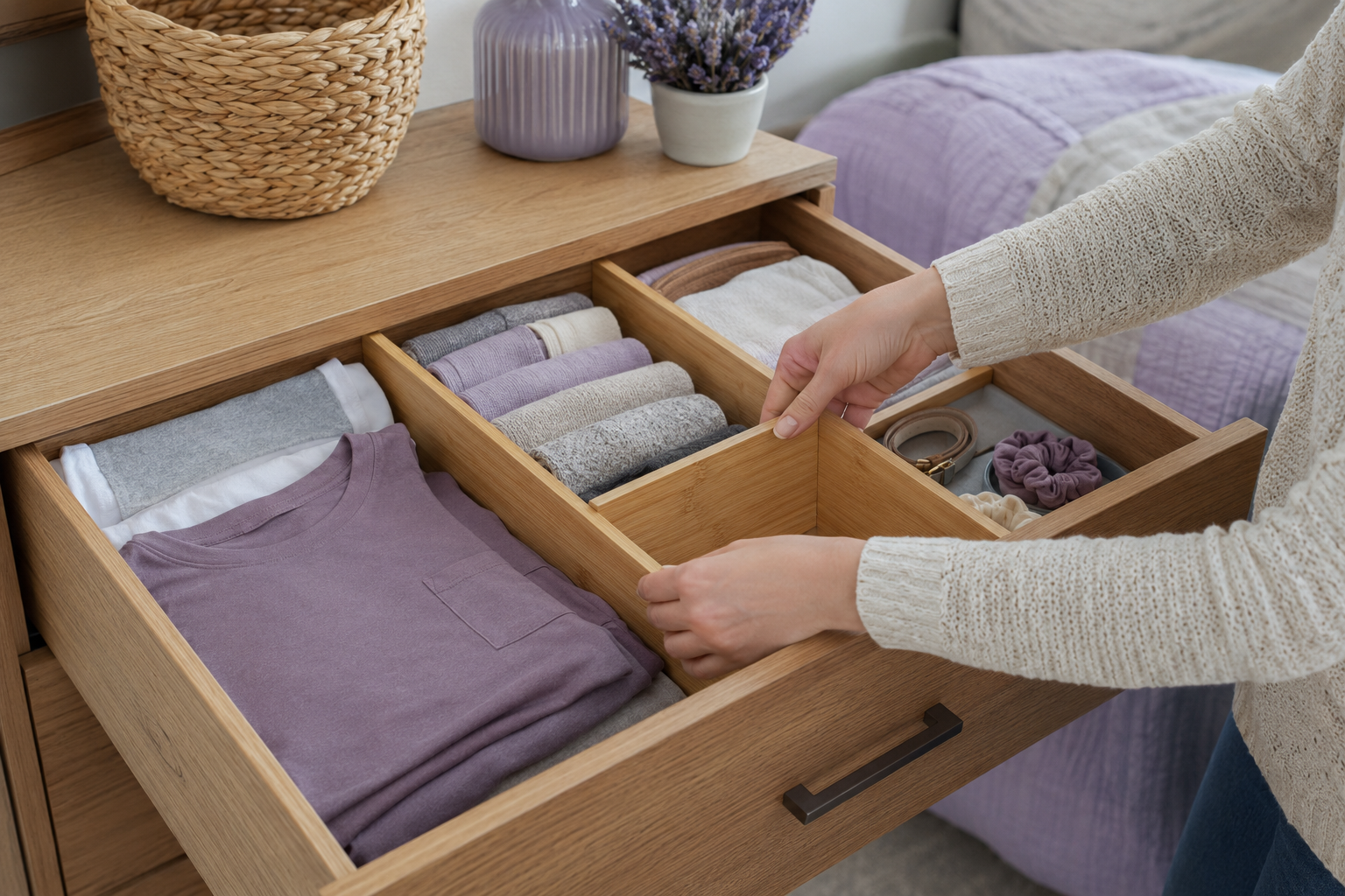 A person adjusts bamboo dividers in a dresser drawer filled with neatly folded clothing