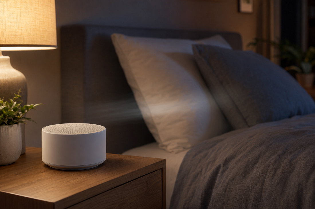 A round white mechanical sound machine on a nightstand in a calm evening bedroom