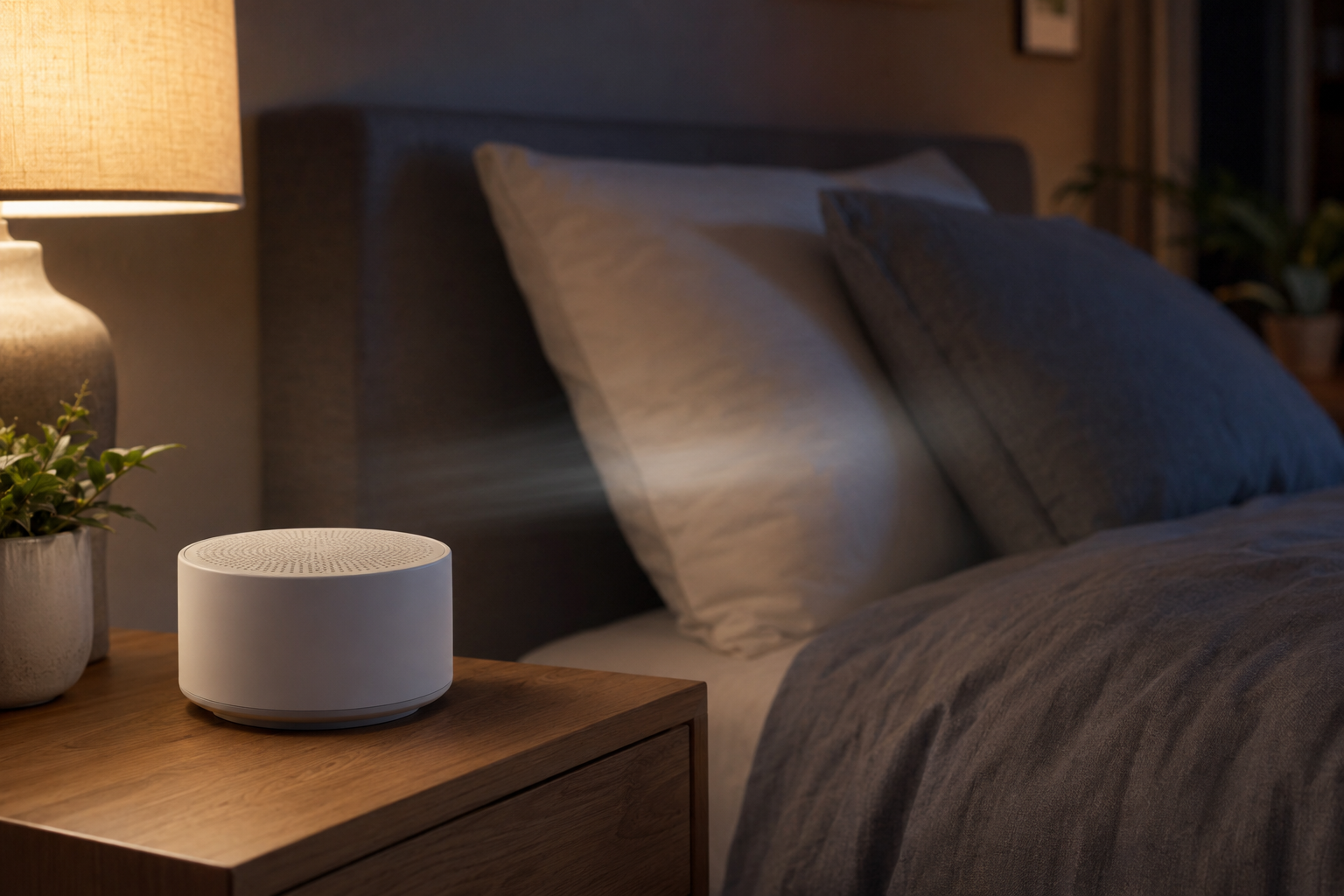A round white mechanical sound machine on a nightstand in a calm evening bedroom