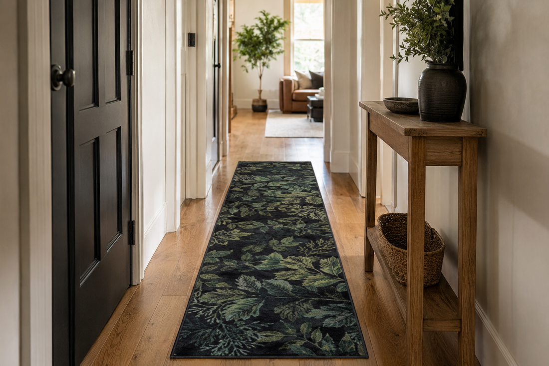 A dark green and black botanical runner rug centered in a hallway with clear door space