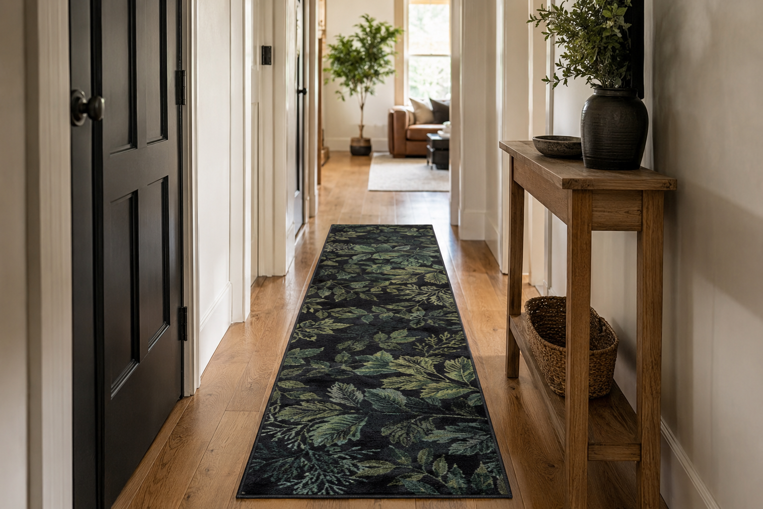 A dark green and black botanical runner rug centered in a hallway with clear door space