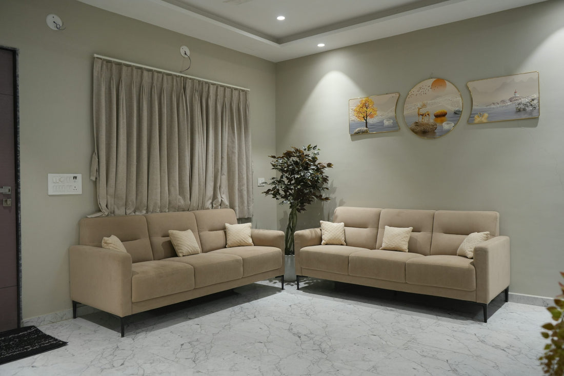 Neutral living room with beige upholstered sofas