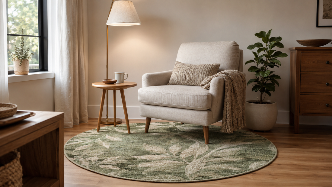 Cozy reading corner with a neutral chair on a round green botanical rug