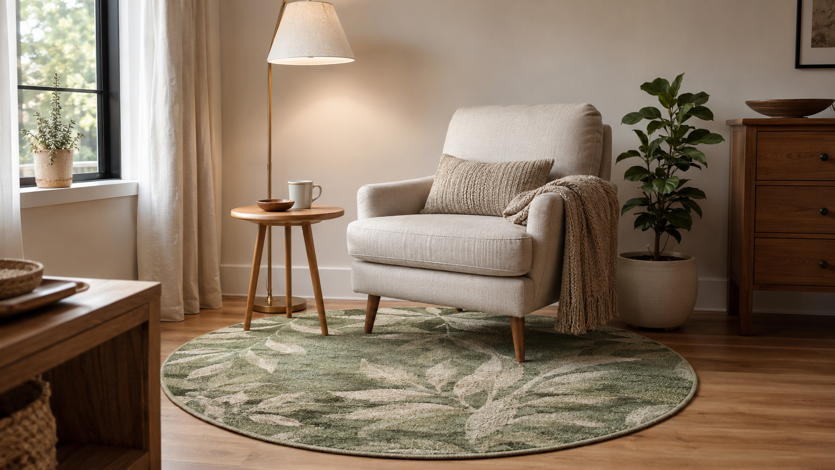 Cozy reading corner with a neutral chair on a round green botanical rug