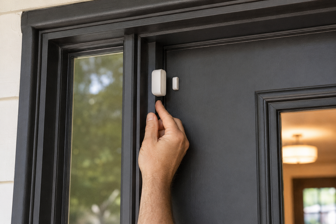 A homeowner checks the alignment of a contact sensor on a modern front door