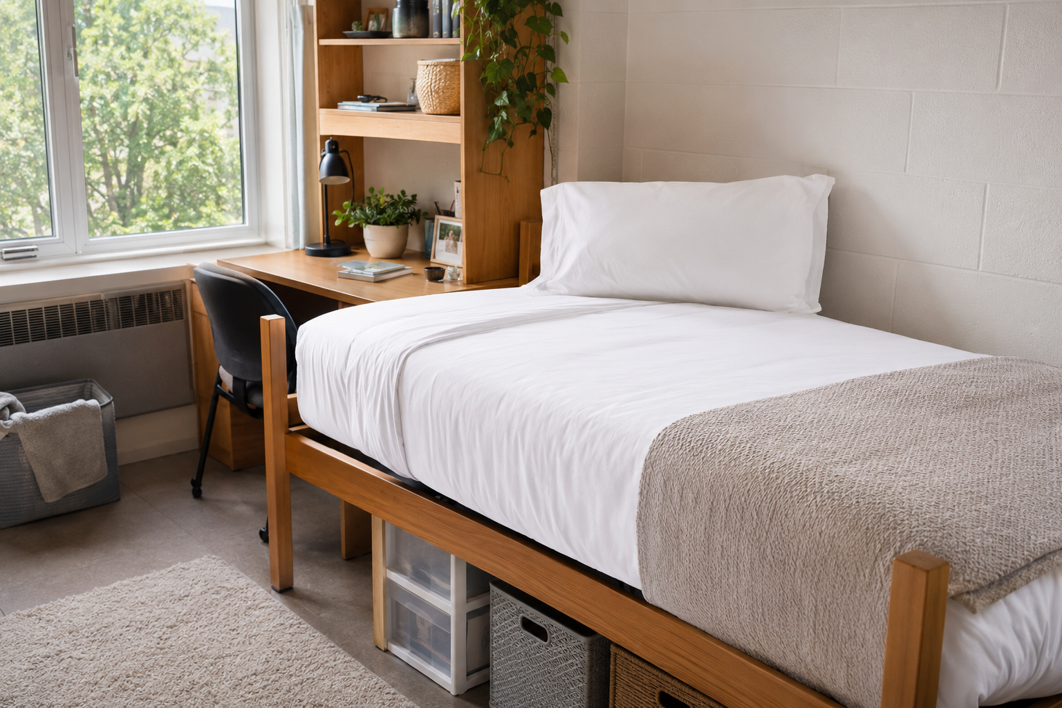 A college dorm Twin XL bed made with crisp white cotton sheets and under-bed storage