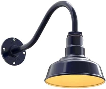 Steel Lighting Co. Hawthorne Barn Light | Outdoor Wall Mounted | 8 inch Dome | 16" Gooseneck | Small Farmhouse Light Made in America | Navy Blue Exterior/Brass Interior