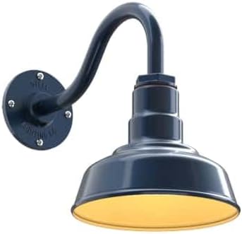 Steel Lighting Co. Hawthorne Barn Light | Outdoor Wall Mounted | 8 inch Dome | 11" Gooseneck | Small Farmhouse Light Made in America | Gray Blue Exterior/Brass Interior