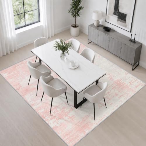 Area Rug Living Room: 5x5 Modern Washable Soft Carpet Pink White - Image 4