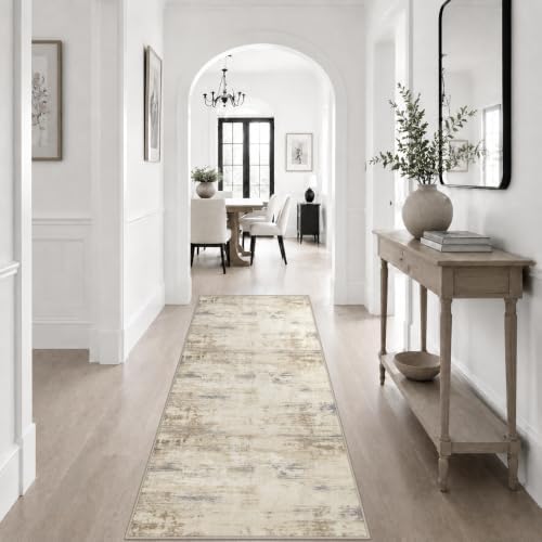2x6 Washable Runner Rug：Modern Abstract Soft Carpet Beige Brown by FXRHLP