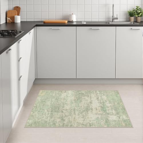 2x3 Washable Entryway Rug: Modern Abstract Soft Carpet Green Cream - Image 4