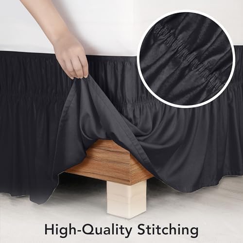 Wrap Around King Bed Skirt, Easy Fit Elastic Belt, 16 Inch Drop, Black - Image 5