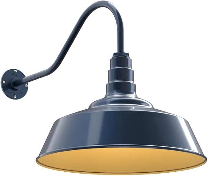 Steel Lighting Co. Large Outdoor Barn Light | Gooseneck Light Fixture | Made in America from 18-Gauge Steel | 20" Dome | 23" Gooseneck Gray Blue Exterior/Brass Interior