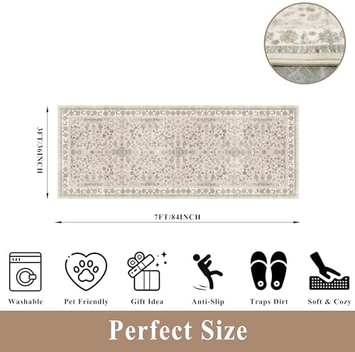 3x7 Washable Non-Slip Kitchen Runner Rug – Soft Low-Pile Stain-Resistant Carpet for Hallway Entryway Bedroom Laundry Room Bathroom – Boho Floral Wide Floor Runner with Rubber Backing (Beige,3x7) - Image 2