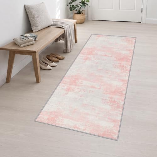 2.6x8 Washable Runner Rug：Modern Abstract Soft Carpet Pink White - Image 3