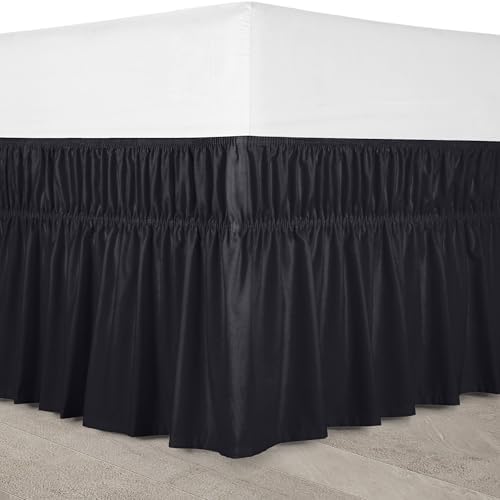 Wrap Around King Bed Skirt, Easy Fit Elastic Belt, 16 Inch Drop, Black - Image 4