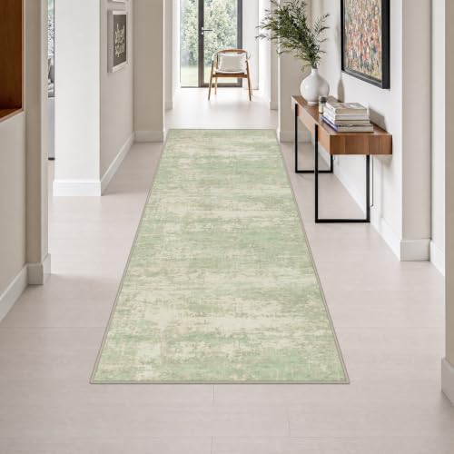 3x8 Washable Runner Rug：Modern Abstract Soft Carpet Green Cream by FXRHLP