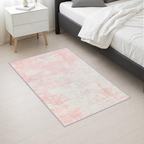 2x3 Washable Entryway Rug: Modern Abstract Soft Carpet Pink White - Image 5