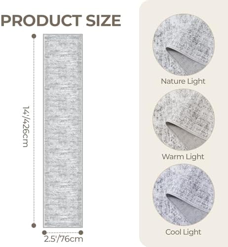 2'6 x 14' Runner Rug Non Slip,Washable Kitchen Rugs,Grey - Image 2