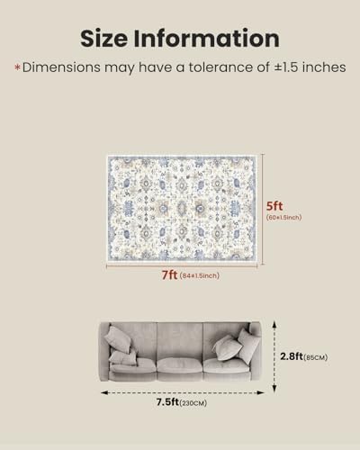Amada 5x7 Washable Area Rug for Living Room, Blue/White, Vintage Pattern - Image 2