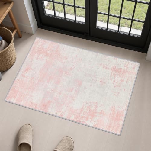 2x3 Washable Entryway Rug: Modern Abstract Soft Carpet Pink White by FXRHLP