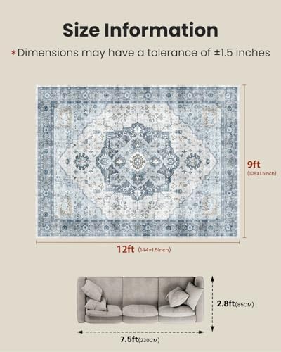 Amada Large 9x12 Washable Area Rug for Living Room, Navy/Blue, Vintage - Image 2