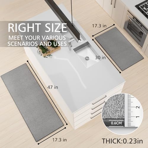 SUMLANS Kitchen Mat Set of 2 PCS, Cushioned Non Slip Rugs for Kitchen Floor, Absorbent Runner Comfort Standing Mats Washable for Kitchen, Office, Home (Grey-Velvet, 17.3"x47"+17.3"x30") - Image 2