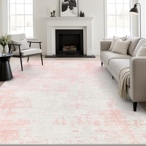 10x14 Area Rug Living Room: Modern Washable Soft Carpet Pink White by FXRHLP