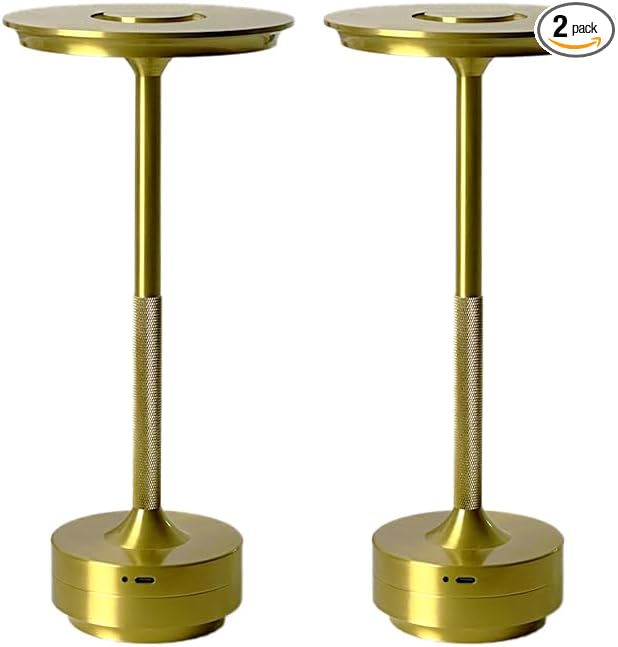 2 Pack Cordless Table Lamp Rechargeable, Portable Battery Powered USB Desk Lamp, 3 Color Dimming LED Table Light with Touch Control, for Bedroom/Restaurant/Office/Outdoor(Gold)