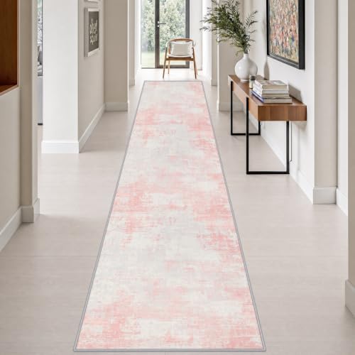 2.6x14 Washable Runner Rug:Modern Abstract Soft Carpet Pink White by FXRHLP