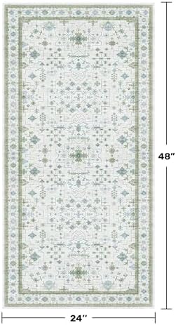 Cream Green and Blue 2x4 Boho Bathroom Rug - Oushak Floral Pastel, Washable Low Pile Non Slip with Rubber Backing Stain Resistant Entryway Rugs Indoor, Small Carpet for Kitchen, Bedroom, Laundry Room - Image 2