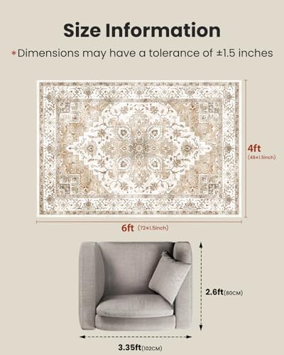 Amada 4x6 Washable Area Rug for Bedroom, Beige, Vintage Pattern - Image 2
