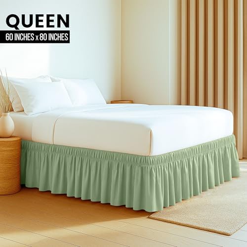 Wrap Around Queen Bed Skirt, Easy Fit Elastic Belt, 16 Inch Drop, Sage - Image 2