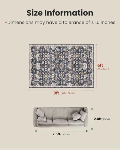 Amada 6x9 Washable Area Rug for Dining Room, Blue/Brown, Vintage Pattern - Image 2